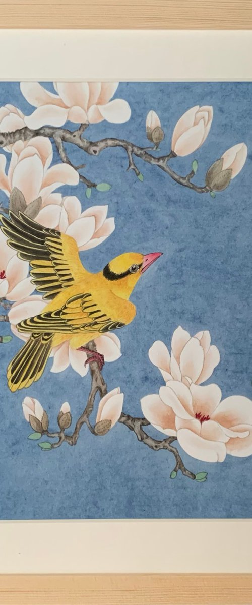 Magnolia & Oriole, Original Gongbi Brush Painting by Fiona Sheng