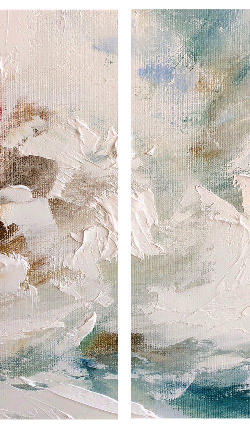 SERENITY 2 SET - Delicate diptych. Floral patterns. Double panel peony. White waves. Large strokes. Fragile. Soft. Caressing. by Marina Skromova