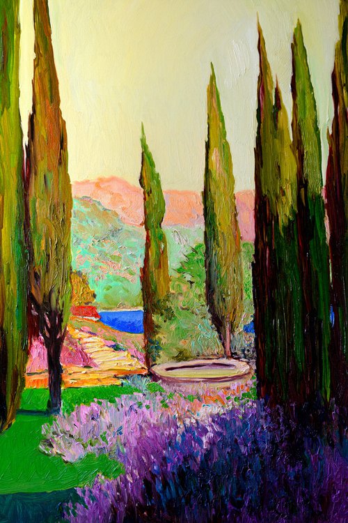Mediterranean Landscape, Cypresses and Lavender Flowers by Suren Nersisyan
