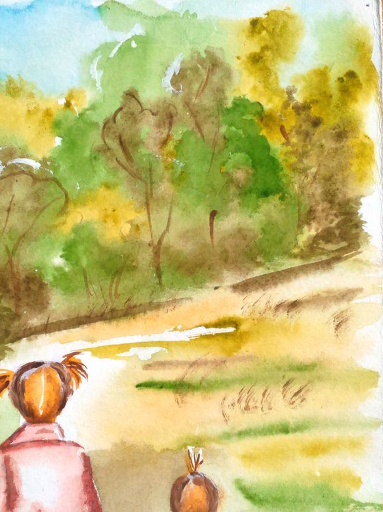 Sisters Painting Kid Original Art Girls and Gooses Small Watercolor Artwork 8 by 12 inches