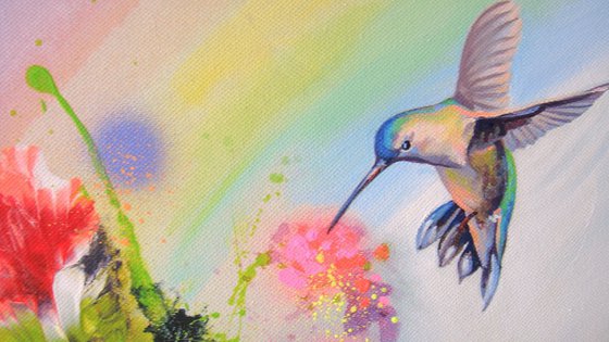 "Hummingbirds and Rainbow" LARGE painting