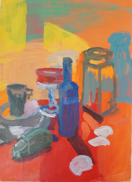 Blue Bottle with Red Candy Dish