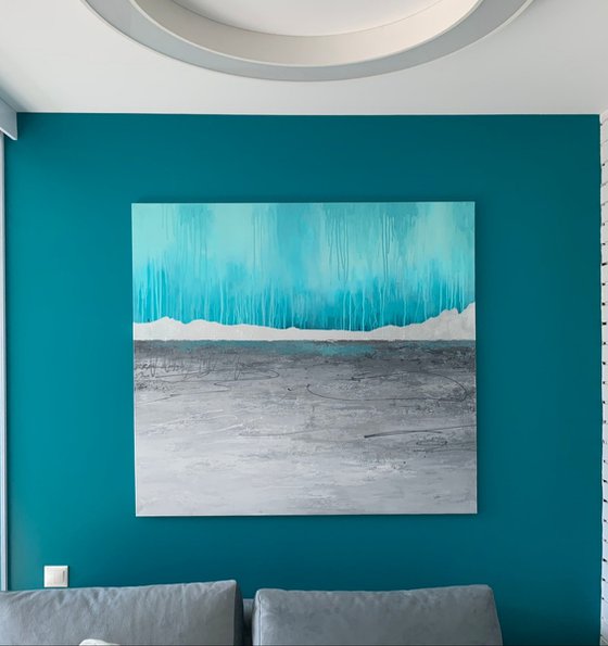 "Lake" Abstract teal blue silver acrylic art