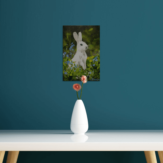 White Rabbit with Blue Flowers