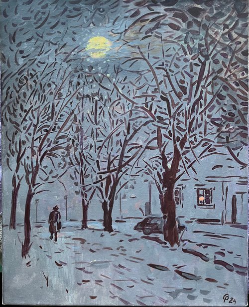 Artwork Moon Winter evening in the city, original acrylic painting from Ukraine by Roman Sergienko