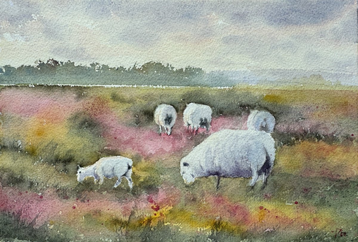 Impressionistic Animal Watercolour By Shelly Du, 12 X 8", Sheep With Heather Blossoms, Original Artwork