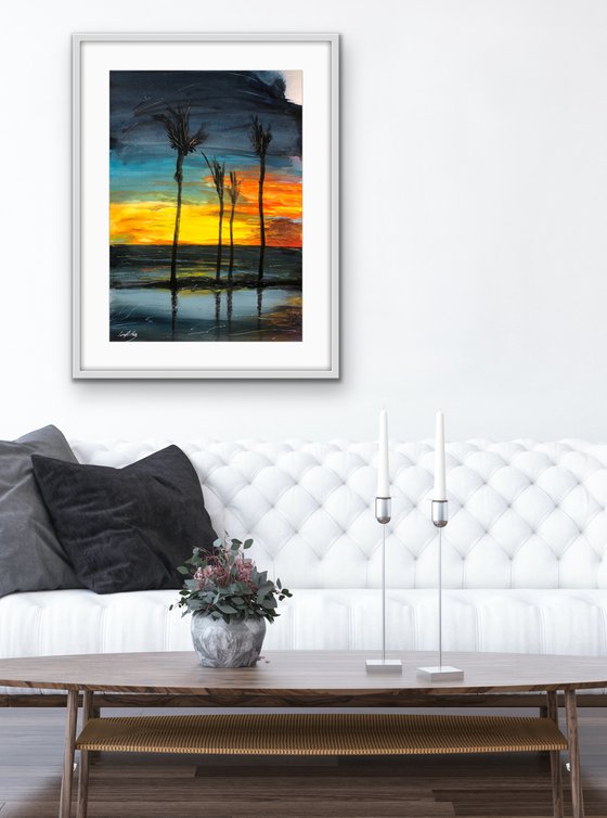 Bahama Mama Palms On Original Acrylic Painting On Paper For Home Decoration