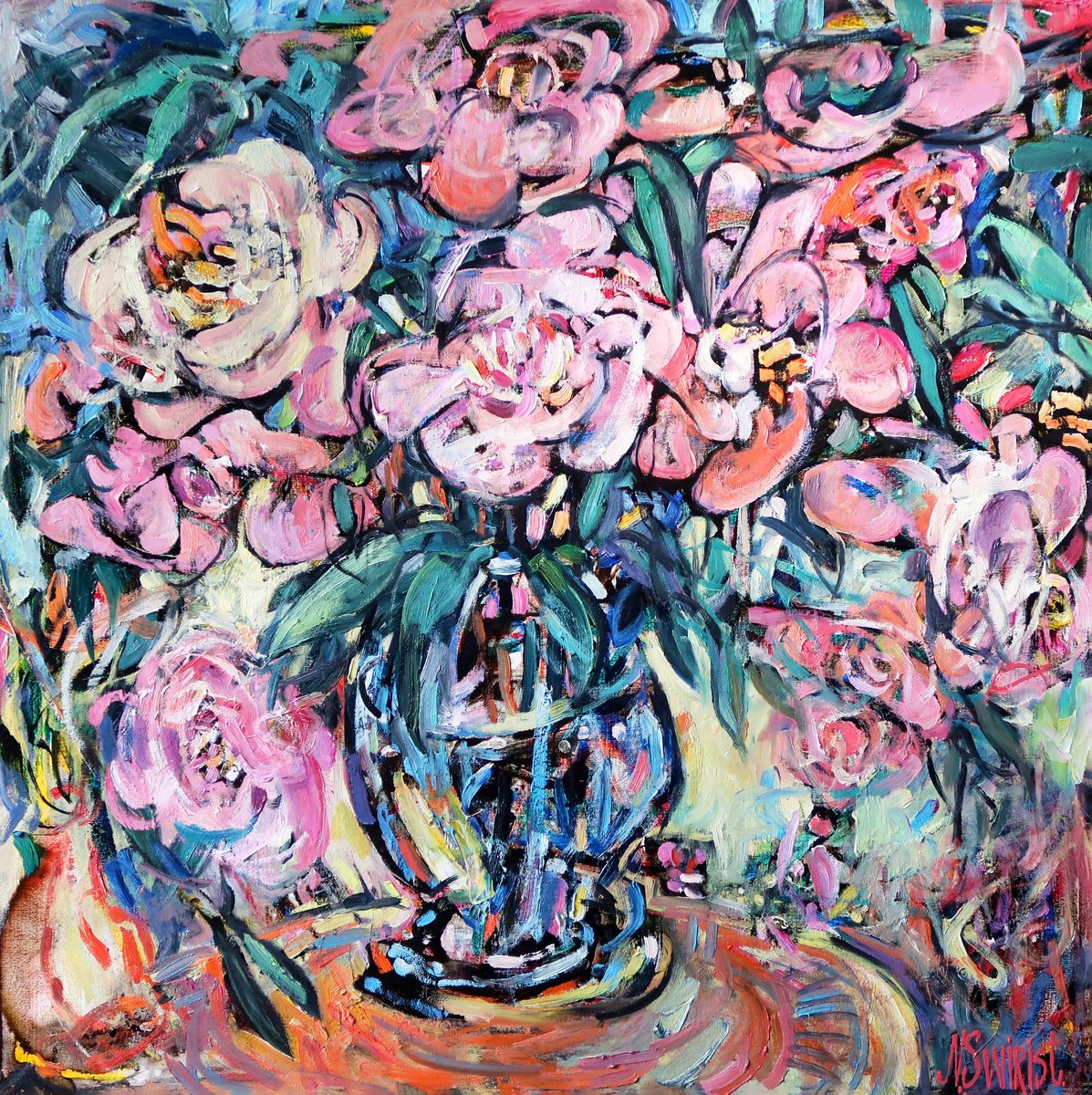 Impressionistic Still Life Oil Painting By Nikifor Swiristuhin, 28 X 28", Peonies., Original Artwork