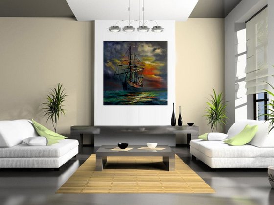 " Royal Fortune " - Bartholomew Roberts Ship 80 x 80cm Original Oil Painting Black Bart