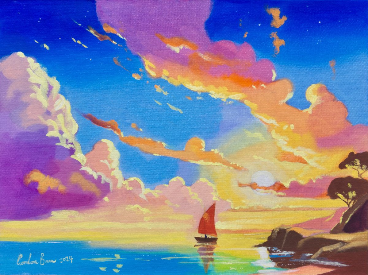 Impressionistic Landscape Oil Painting By Gordon Bruce, 16 X 12, Golden Sunset, Original Artwork