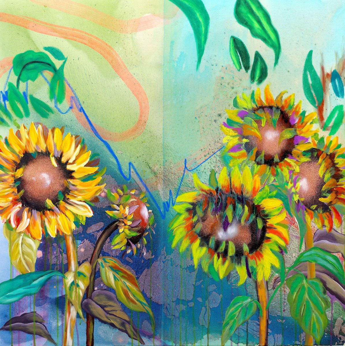 Expressive Botanical Painting By Poovi Art, 36 X 36", Sunflower Your Day, Original Artwork