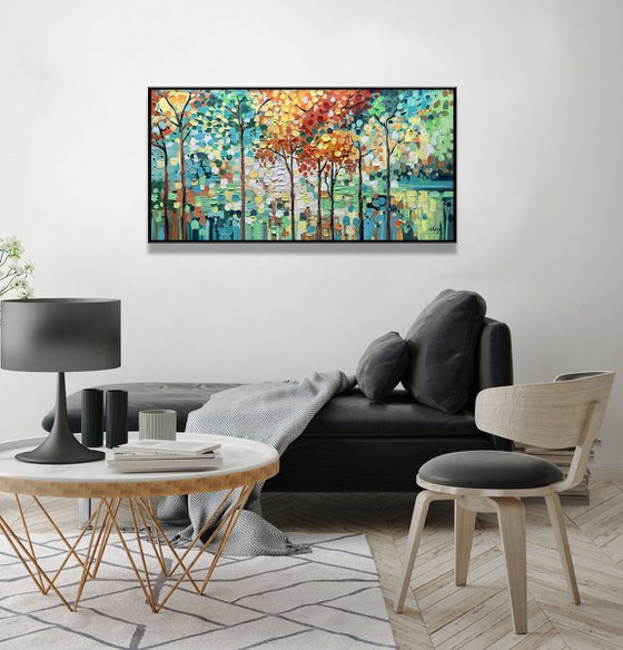 Emerald Moments - Abstract Colorful Trees Painting, Blossom Landscape Canvas Wall Art Painting, Large Abstract Landscape