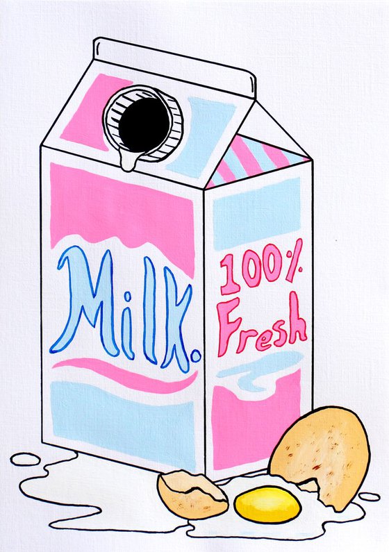 Retro Milk Carton and Broken Egg Pop Art Painting On Unframed A4 Paper