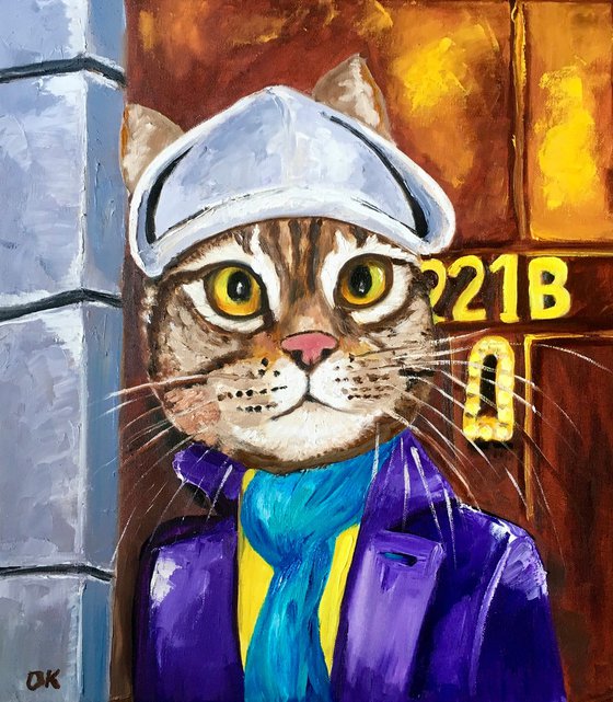 Troy The  Cat- Sherlock Holmes  Baker  Street 221 B   oil painting for cat lovers.