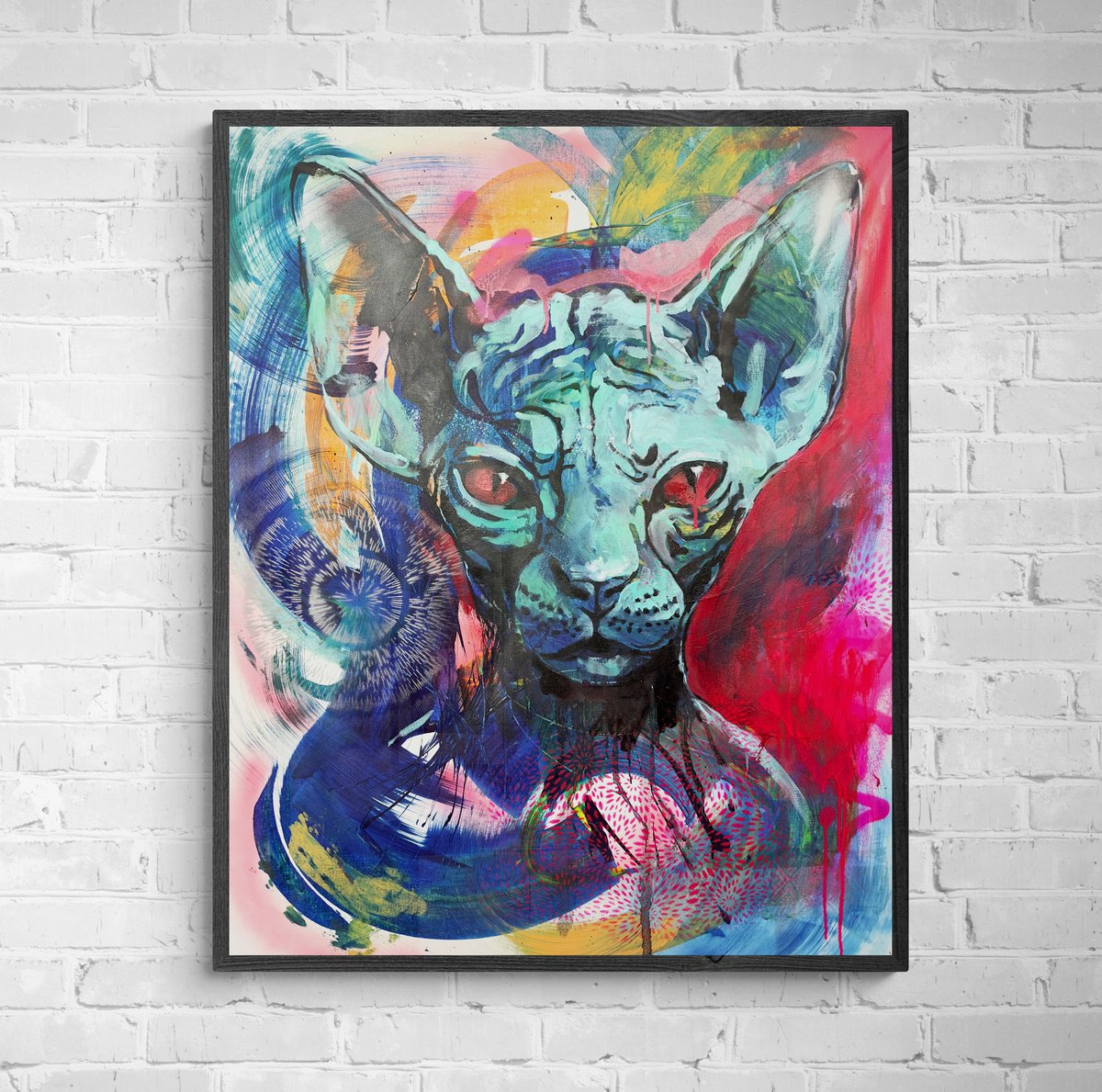 Urban And Pop Animal Acrylic Painting By Anatoliy Menkiv, 31 X 39, Noise Of The Streets: Sphynx. 31.5 X 39,37In (80Cm X 100Cm), Artfinder