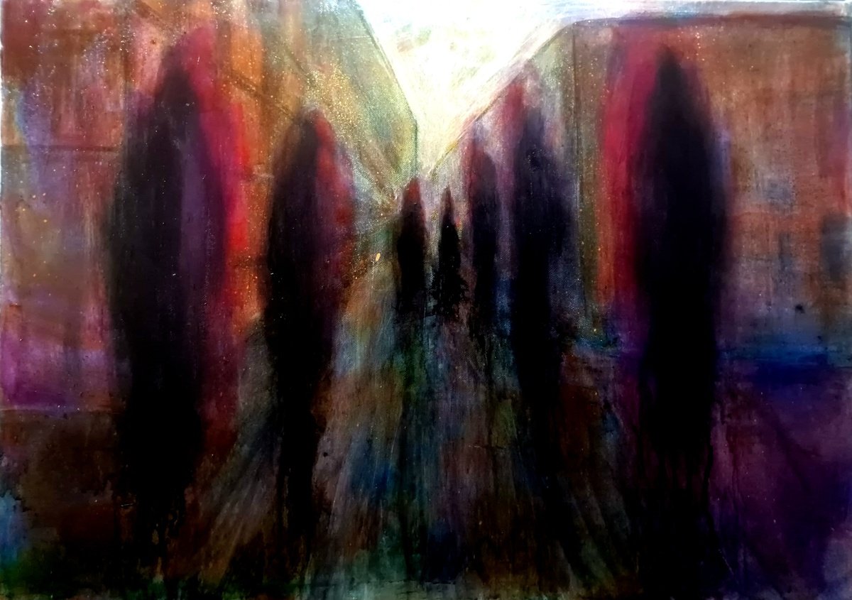 Abstract Portrait Oil Painting By Leezee Lee ( Georgiana L. Nicolae), 28 X 20", Strangers On A Dark Street Iii, Original Artwork