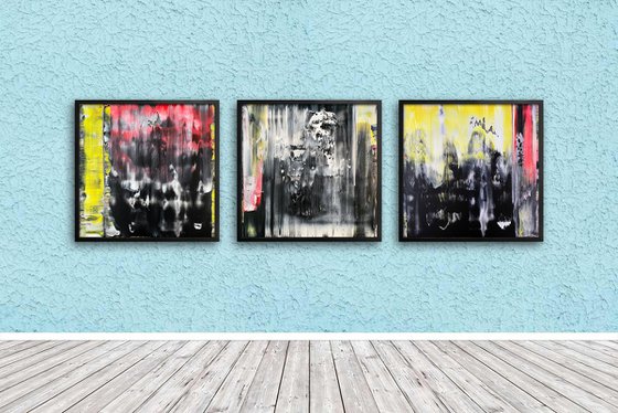 "You And What Army?" - Save As A Series - Original PMS Large Abstract Triptych Acrylic Paintings On Plexiglass, Framed - 78" x 26"