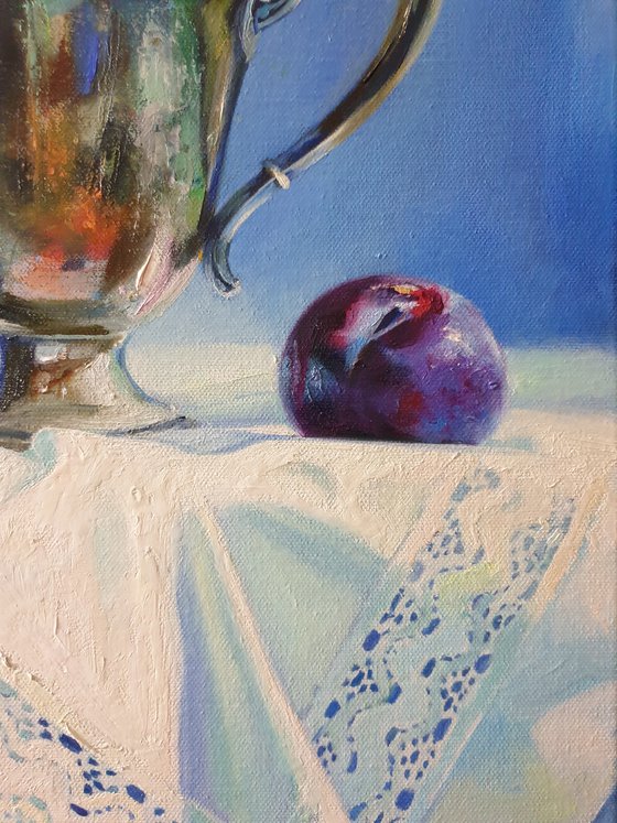 "English guest and plums. " still life liGHt original painting PALETTE KNIFE  GIFT (2021)