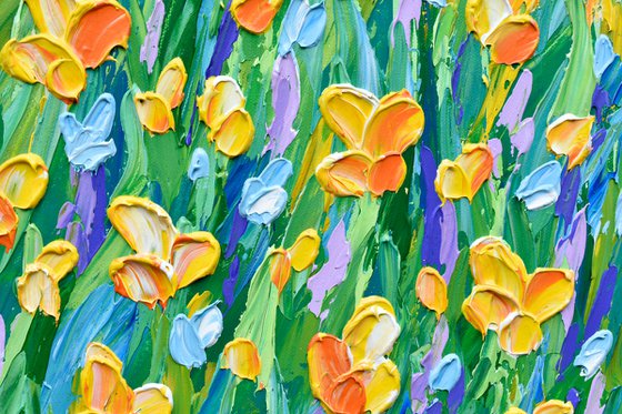 Yellow Flowers Meadow - Heavy Impasto Landscape Painting, Textured Knife Floral Art