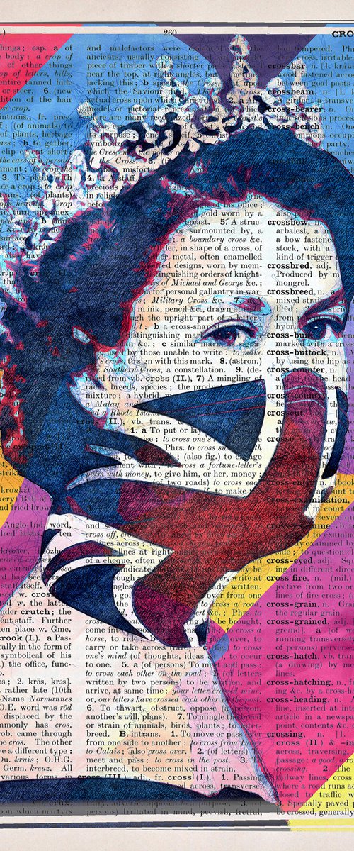 Queen Elizabeth II - The Union Jack Face Mask - Pop Art Collage Art on Large Real English Dictionary Vintage Book Page by Jakub DK - JAKUB D KRZEWNIAK