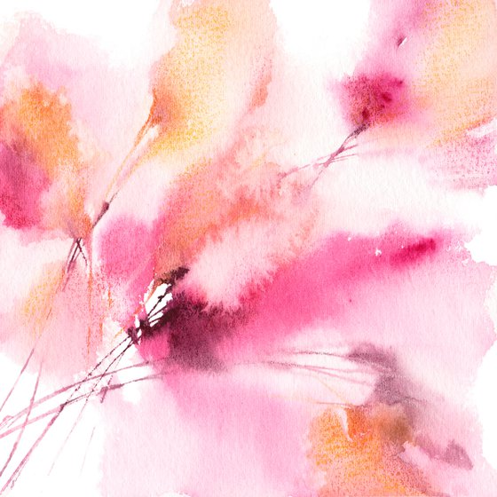 Abstract watercolor floral painting, diptych Whisper of spring