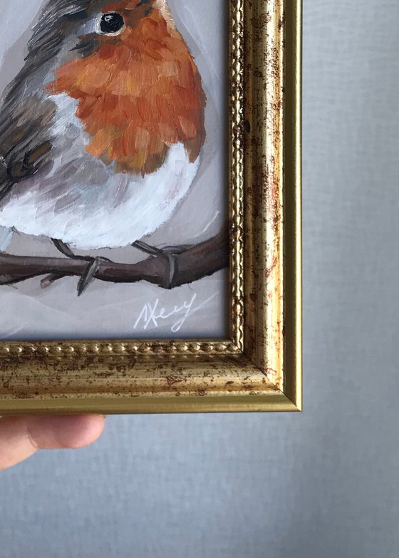 Bird Robin painting mini art framed