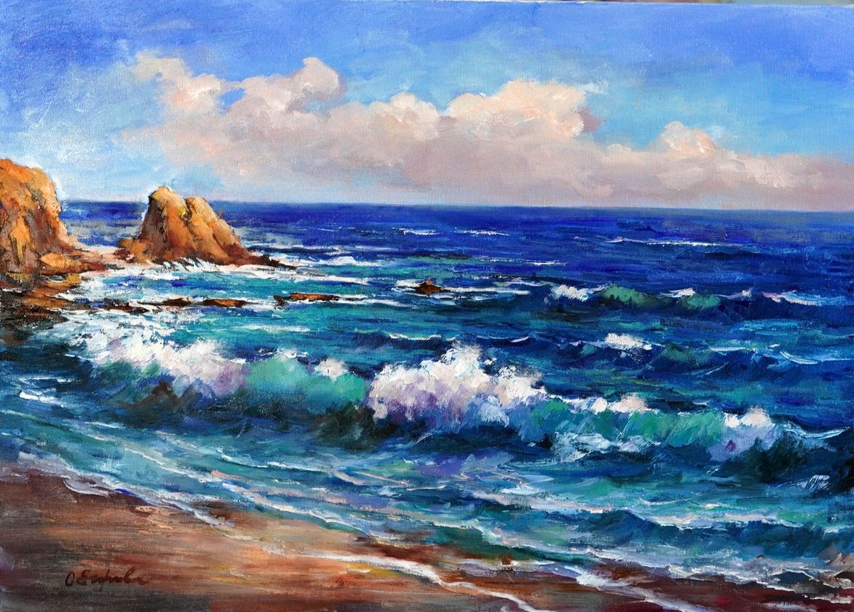 Impressionistic Landscape Oil Painting By Olga Egorov, 28 X 20", Mediterranean Sea, Original Artwork