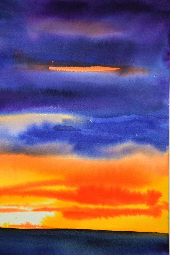 Seascape painting, sunset seaside original watercolor painting, sea ocean wall art