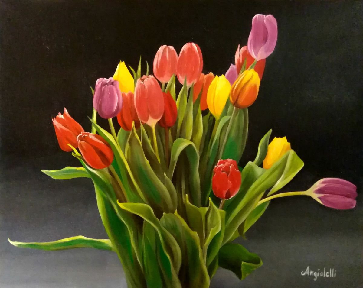 Photorealistic Botanical Oil Painting By Anna Rita Angiolelli, 20 X 16, Bouquet Of Tulips, Original Artwork