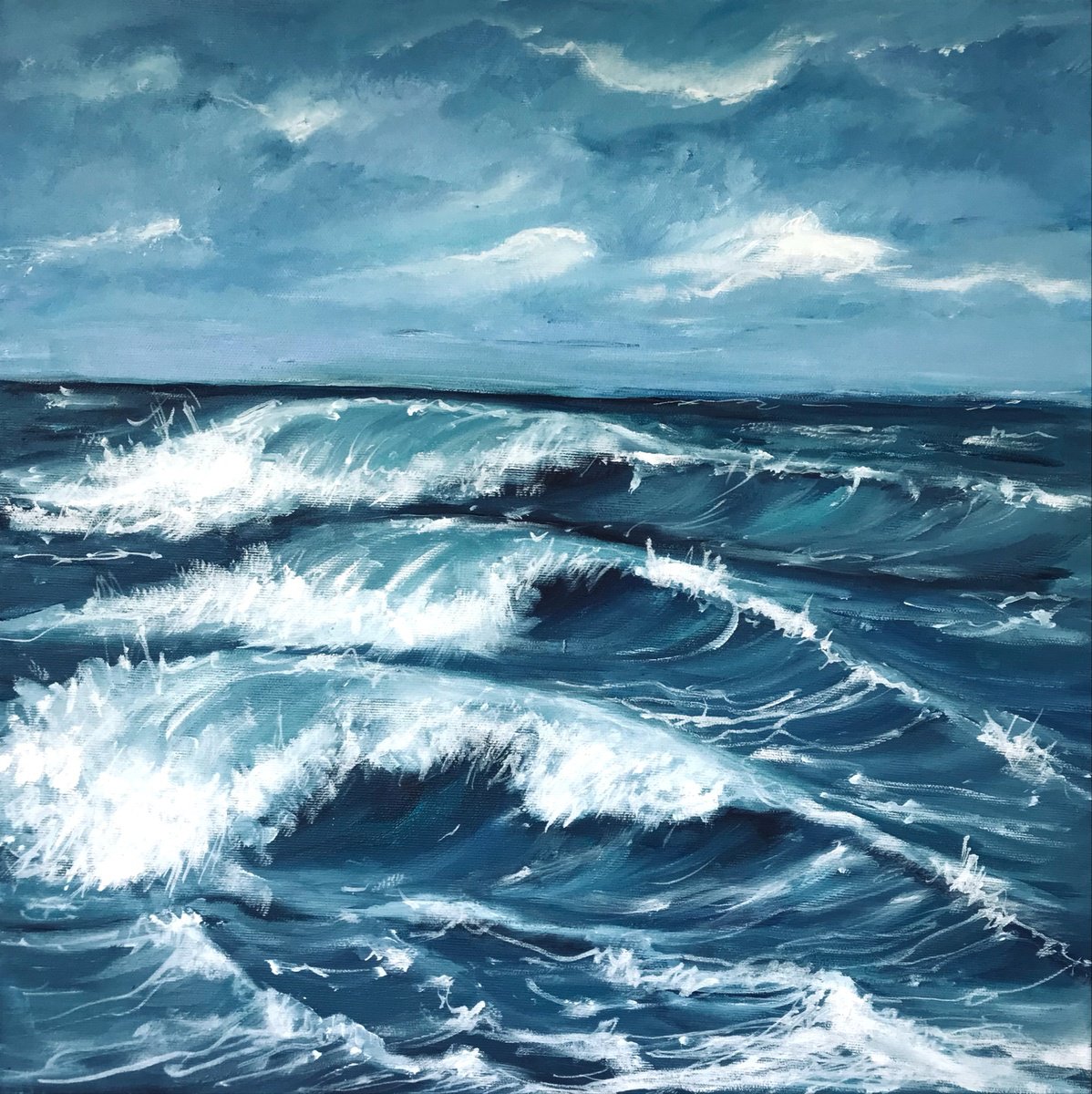 Expressive Landscape Oil Painting By Matilda Simona Teodorescu, 20 X 20", Sound The Sea, Original Artwork