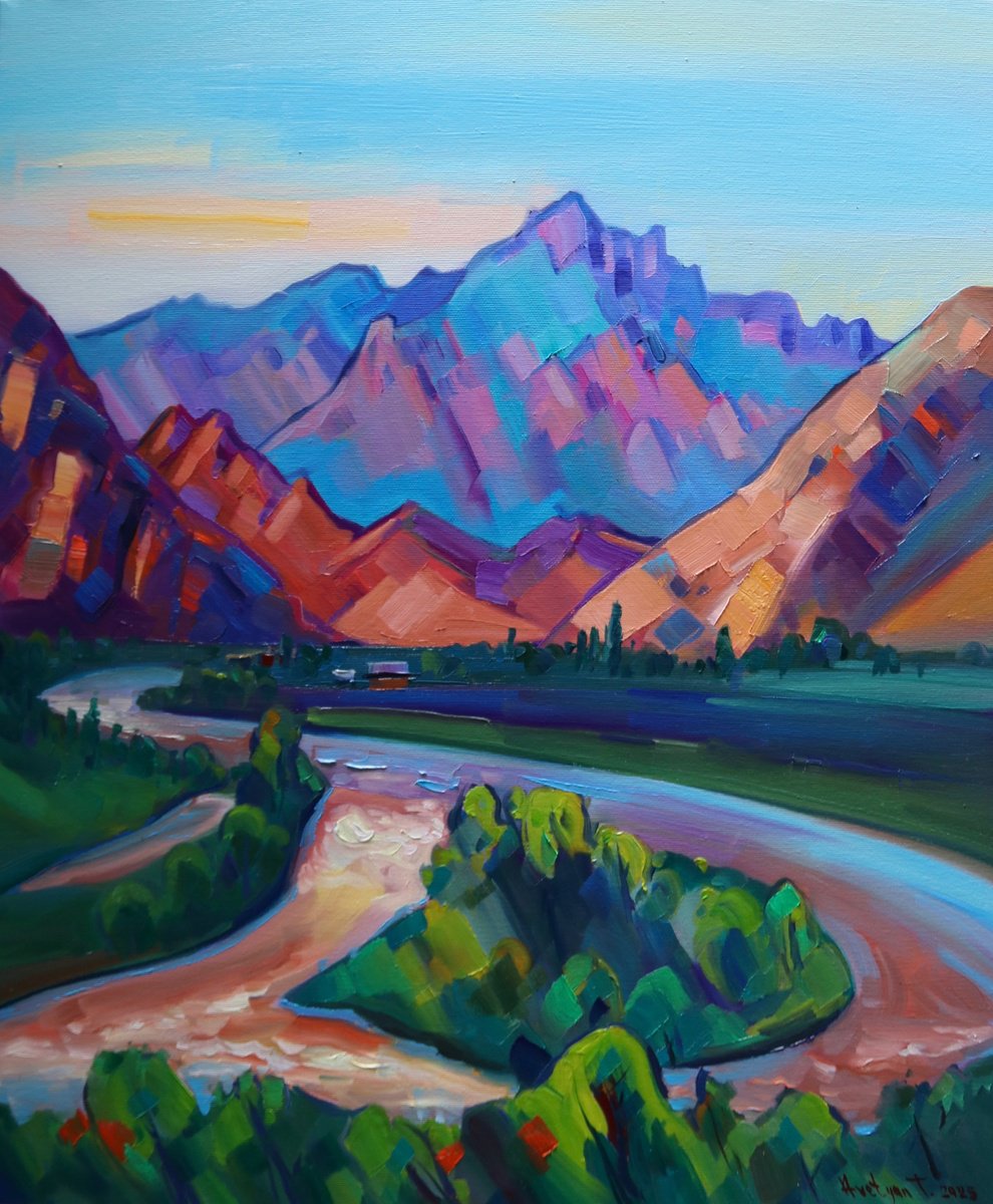 Impressionistic Landscape Oil Painting By Tigran Avetyan, 20 X 24", River Araks, Original Artwork
