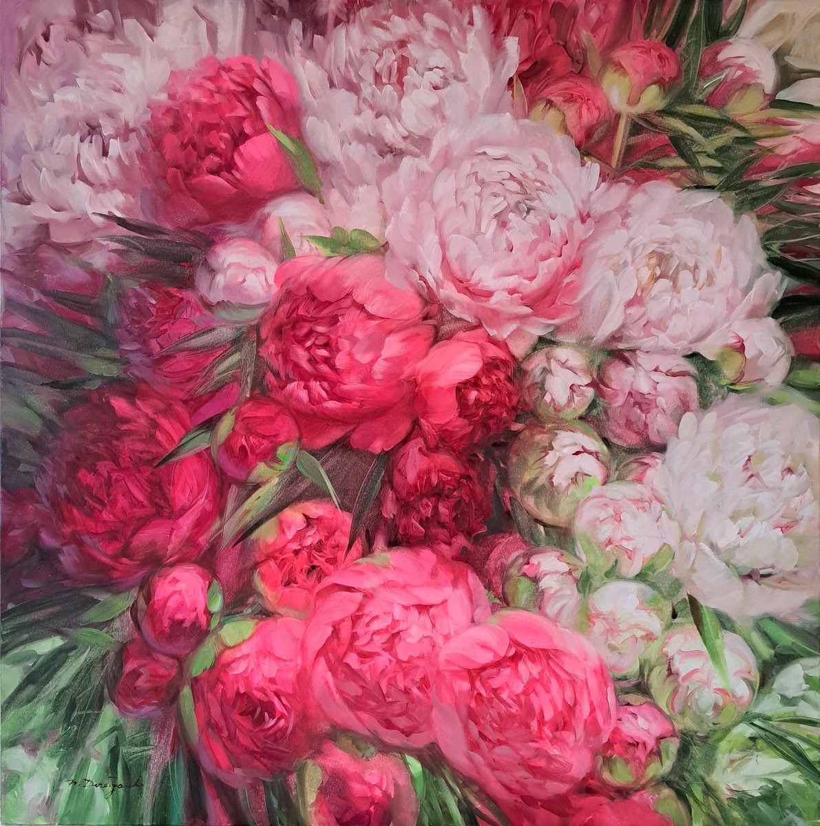 Impressionistic Botanical Oil Painting By Nataly Derevyanko, 39 X 39", Peony Cocktail, Original Artwork