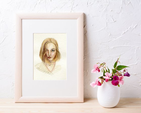 Watercolor blond girl with red lips