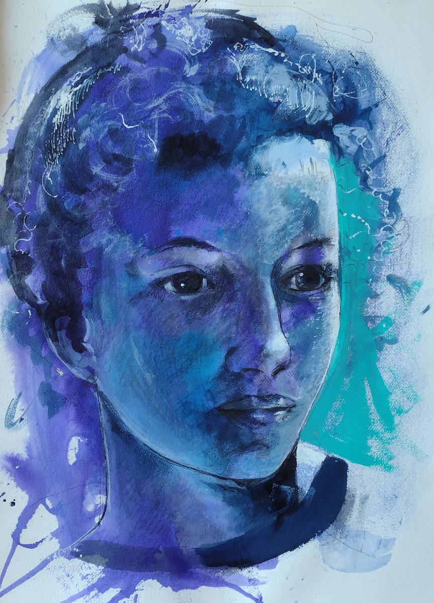 Expressive Portrait Ink Drawing By Marina Del Pozo, 18 X 24", Ink Portrait 4, Original Artwork