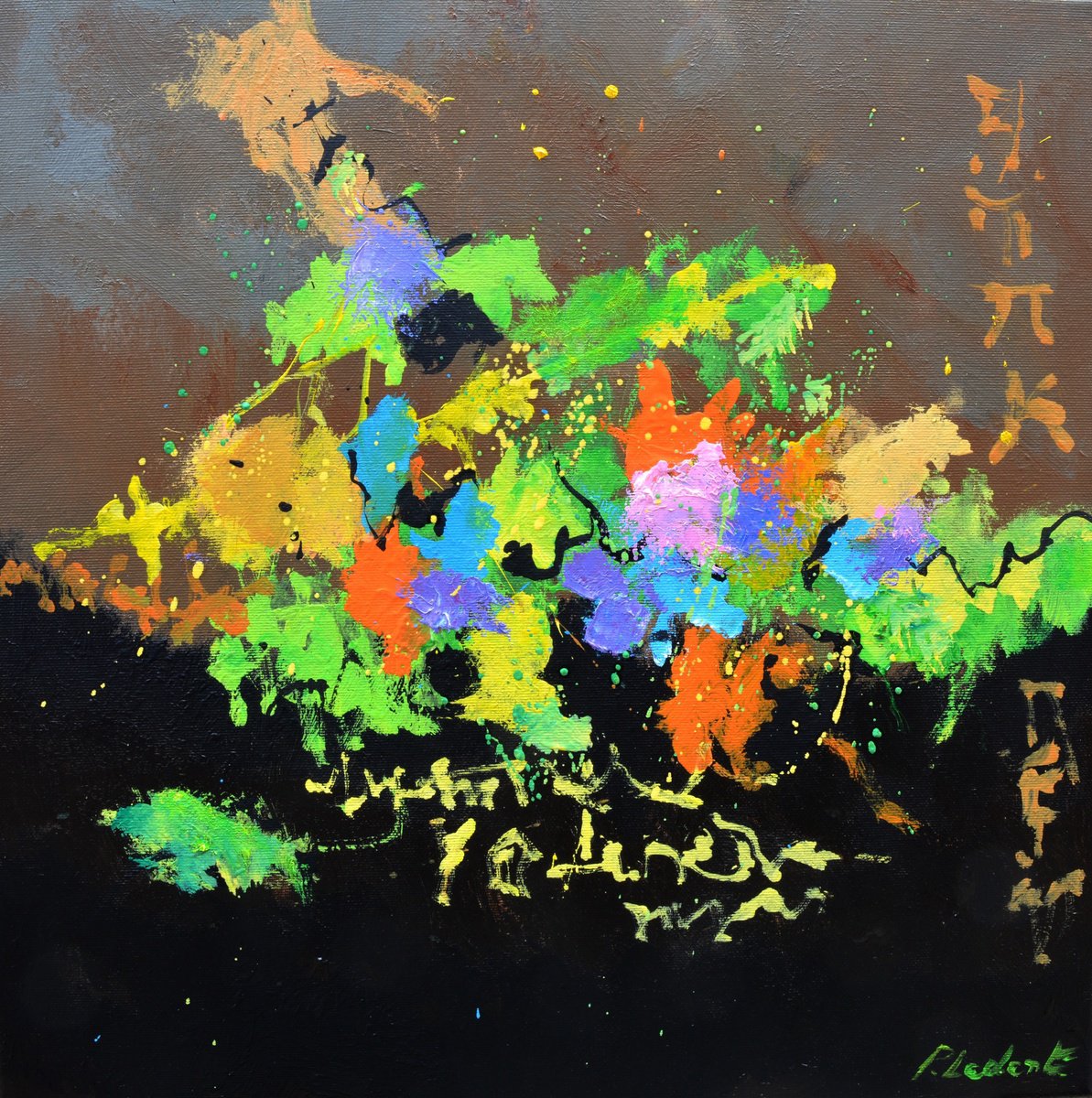 Abstract Oil Painting By Pol Henry Ledent, 16 X 16", The Colours Of The Rising Sun, Original Artwork