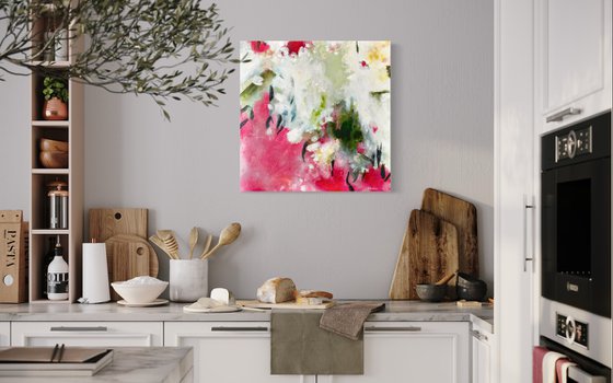 EARLY SUMMER - 50 x 50 CM - ACRYLIC ABSTRACT PAINTING ON CANVAS * RED * DARK GREEN * WHITE