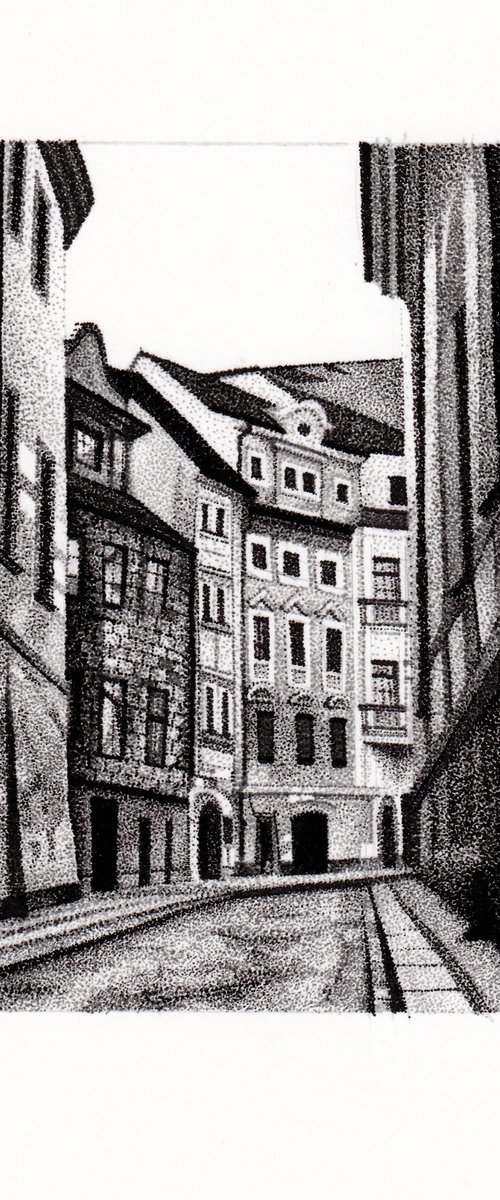 Prague Old Town Stippled Ink Drawing by Louis Savage