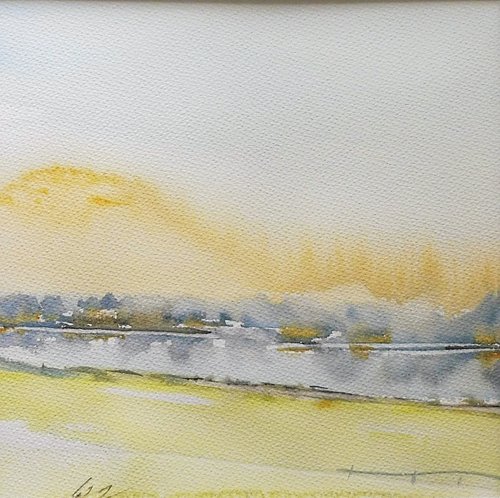 SUNRISE RIVER SEVERN, Shropshire. Impressionistic Original Landscape Watercolour Painting. With mount / mat. by Tim Taylor