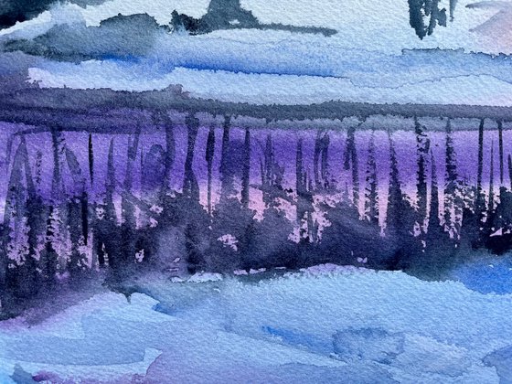 Winter Watercolor Painting, Sunset Landscape Original Wall Art, Snowy Nature Artwork, Christmas Home Decor