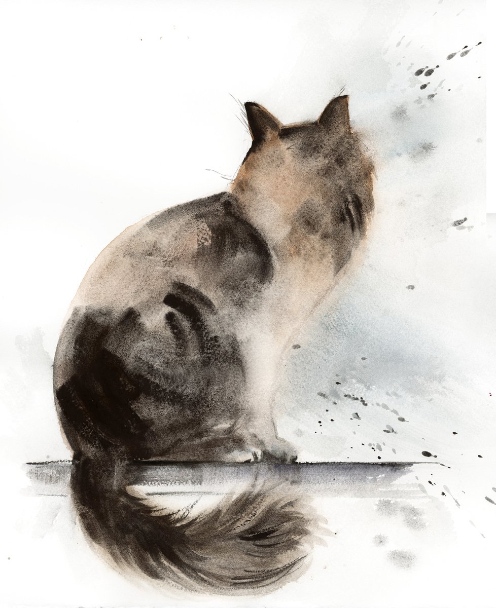 Sitting Cat Watercolor Painting by Sophie Rodionov