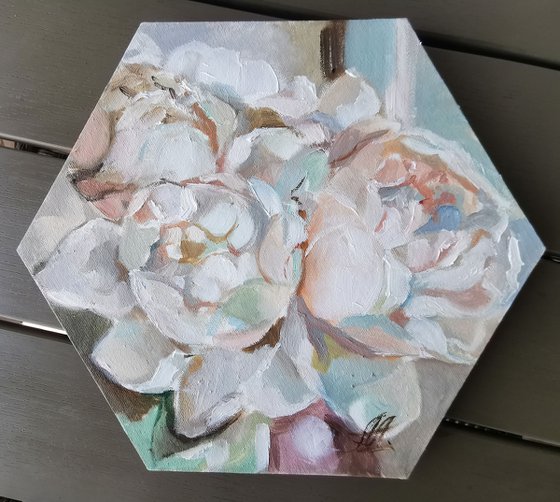 White peony on shaped canvas