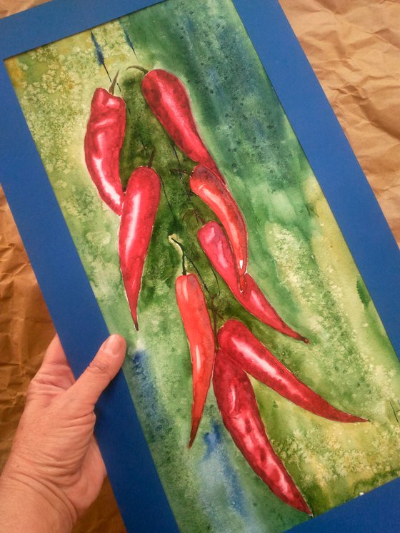 Chili Peppers Painting Food Original Art Vegetable Watercolor Artwork Home Wall Art 8 by 18" by Halyna Kirichenko