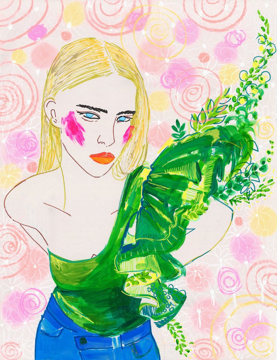 RED IOCATIVE - drawing on paper, light grey, flowers blossom, fashion, woman, wall art by Sasha Robinson