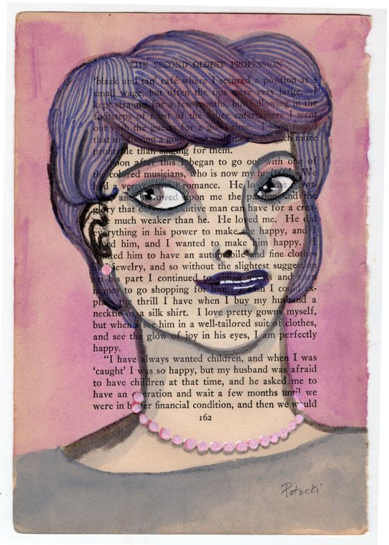 Purple Hair Original Portrait Painted on Vintage Book Page