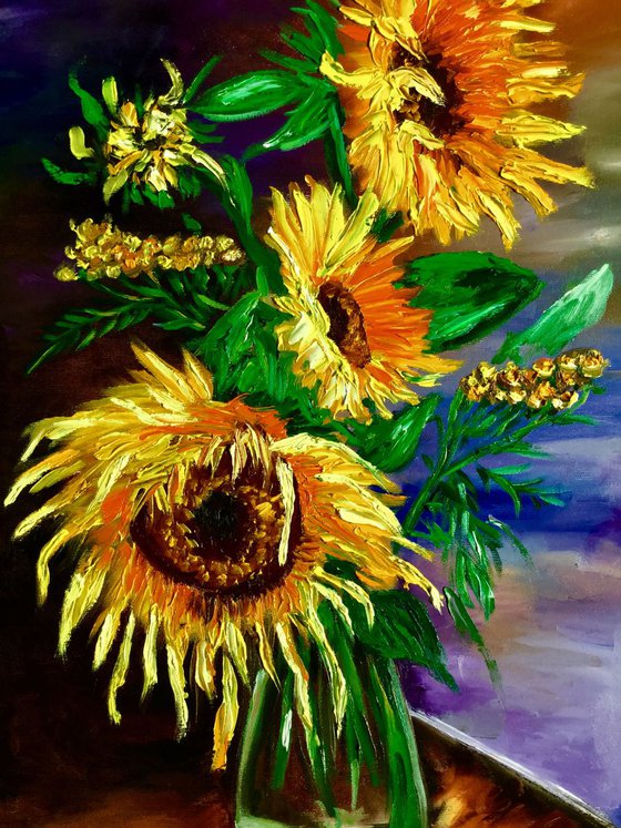 BOUQUET OF SUNFLOWERS SALE.  inspired by VINCENT VAN GOGH . palette knife modern  oil still life painting on blue purple pink yellow Dutch style office home decor gift