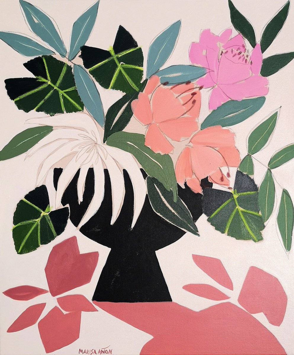 Impressionistic Still Life Acrylic Painting By Marisa Anon, 18 X 22", Shades Of Green X, Original Artwork