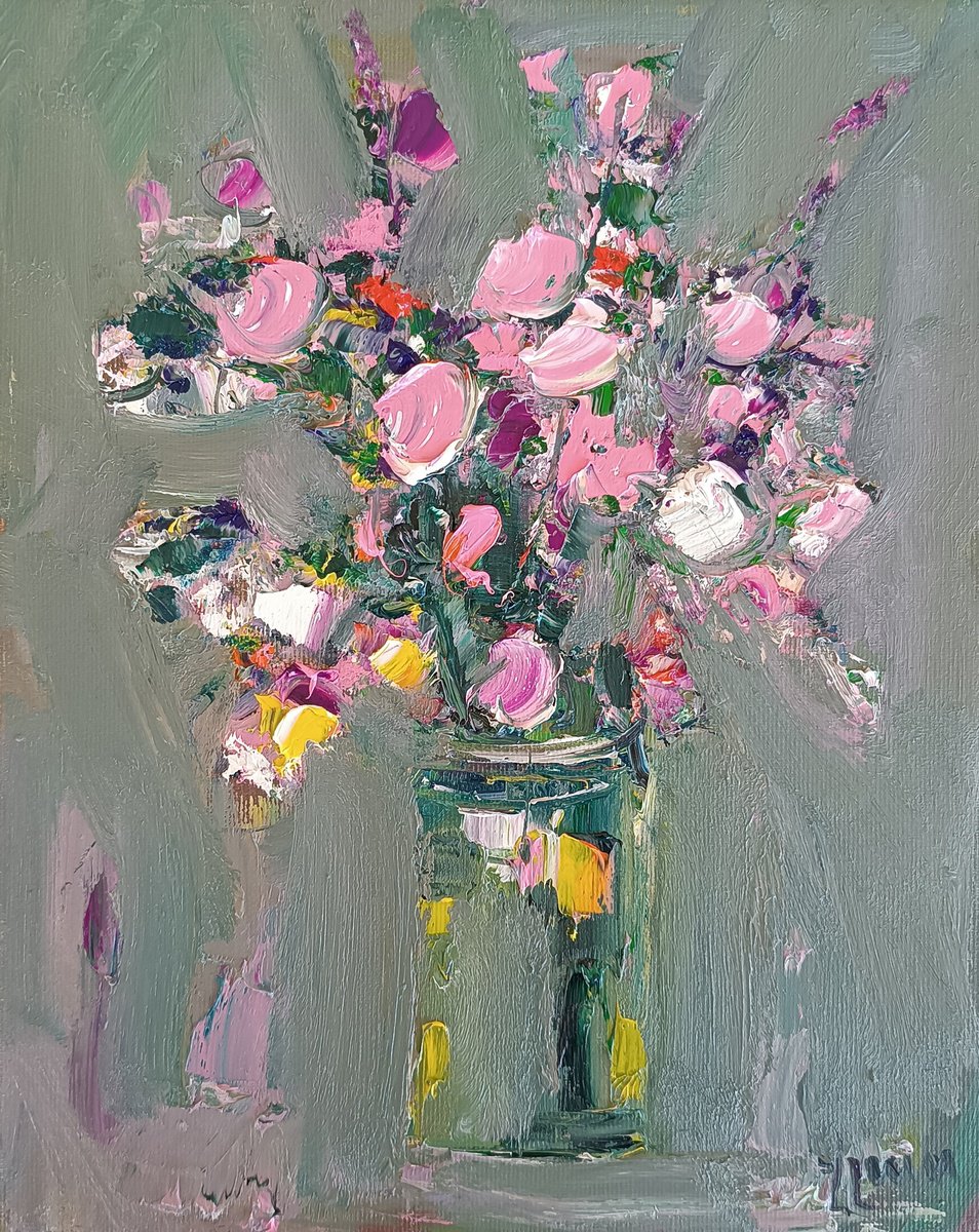 Abstract Botanical Oil Painting By Vlas Ayvazyan, 9 X 12", A Spring Gesture, Original Artwork