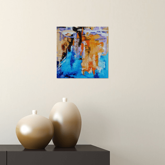 Reflections N 1, Abstract Painting Small Original Art Blue Orange Artwork Multicolor Geometric Wall Art 10 by 10