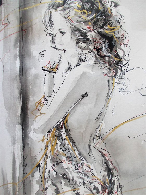 Morning Bliss Study -Figurative  Drawing  On Paper