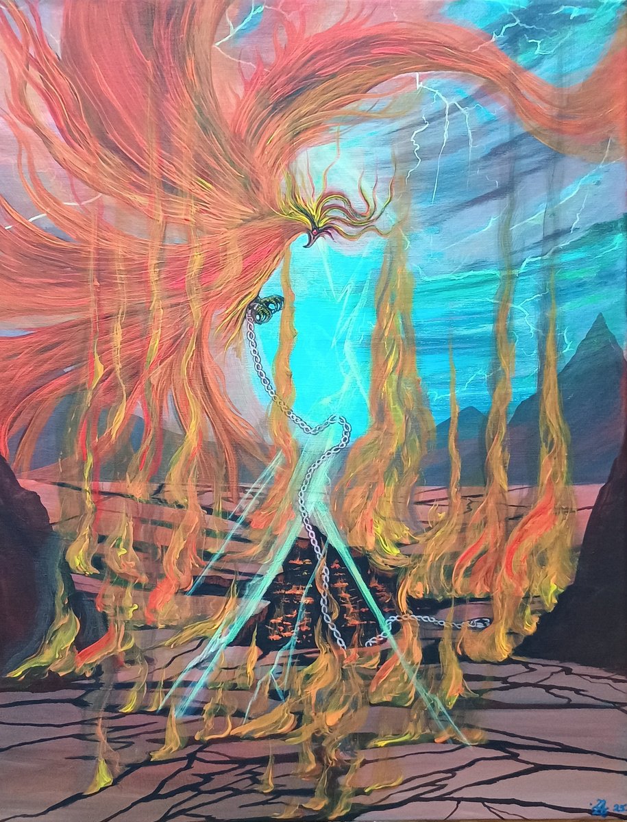 Surrealistic Animal Acrylic Painting By Zoe Adams, 14 X 18", Phoenix Flight., Original Artwork